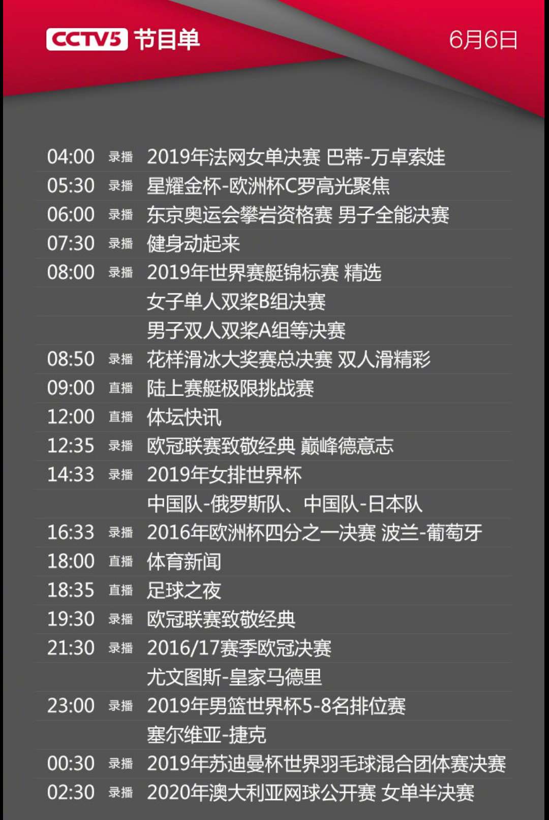 CCTV5／CCTV5+央视体育今日节目单（06月06日，星期六）